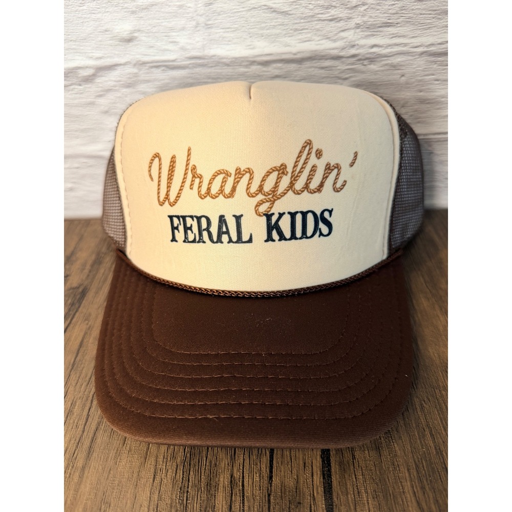 Wranglin Feral Kids Trucker Hat Brown Cream Mesh Snapback Western Baseball Cap